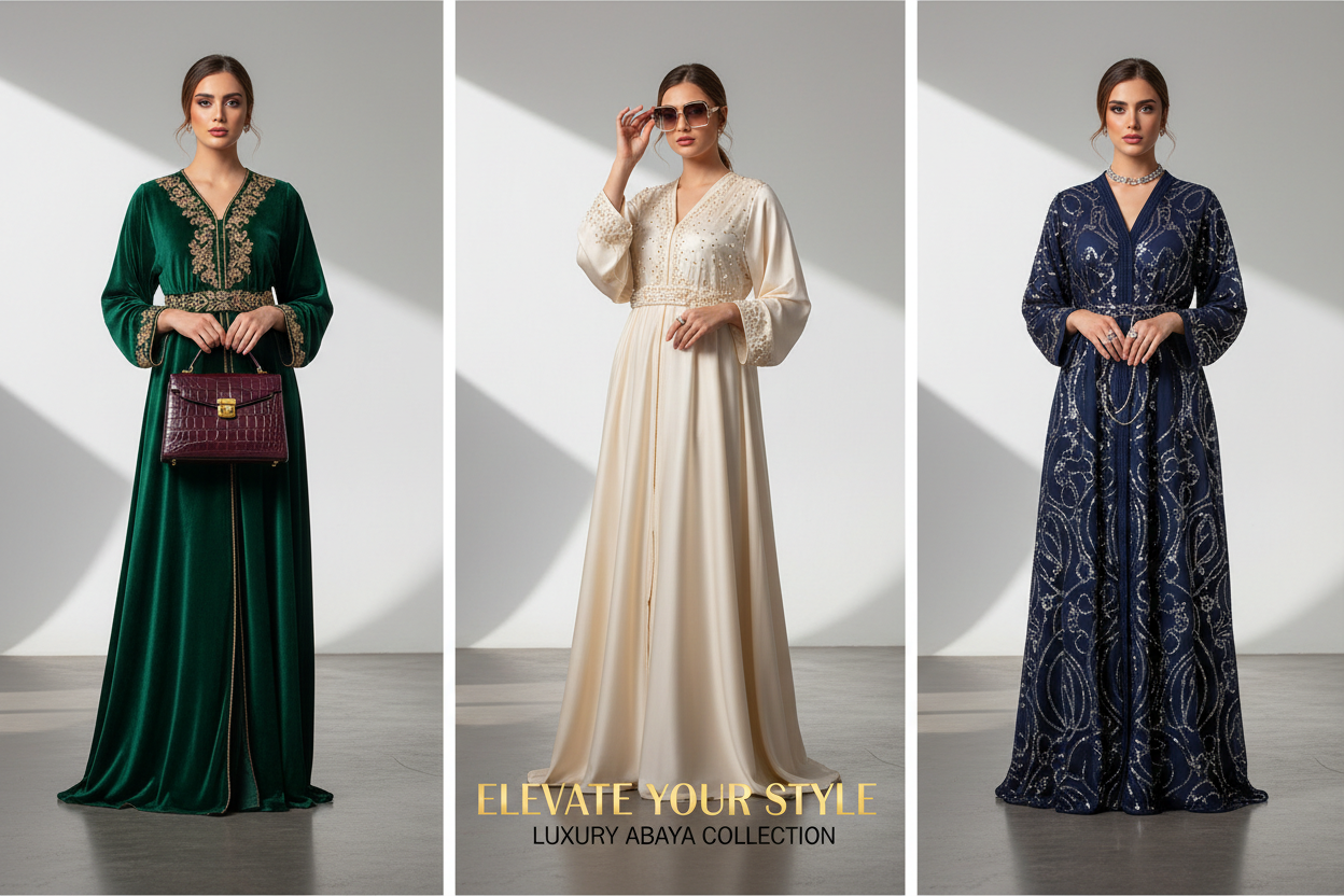 3 women wear abaya and holding thier fashion products advertising banner need height 1.3 cm picture not zoom for banner 