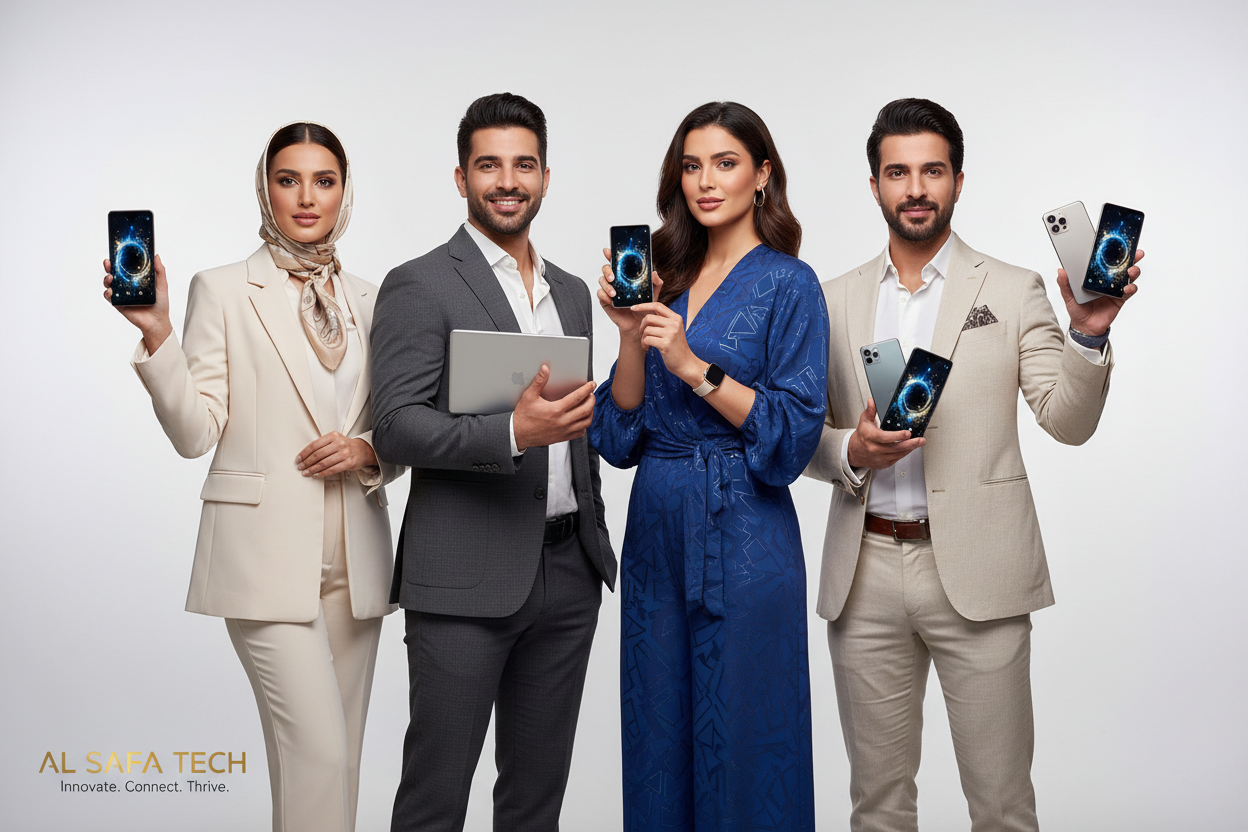 Electronics and mobile advertising model banner same uae style famous people showcasing height 1.2 cm